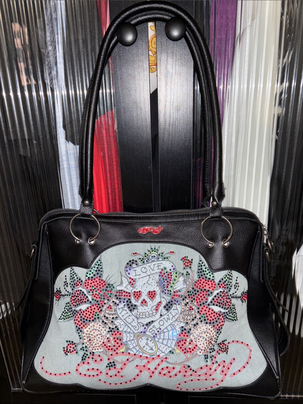 Ed Hardy Black Shoulder Bag with Light Gray Jeweled Skull and Pink Accents